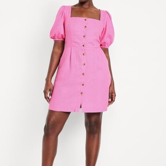 Old Navy Plus Women's Puff Sleeve Linen Blend Mini Dress XXL Pink Short Sleeves - Picture 1 of 16